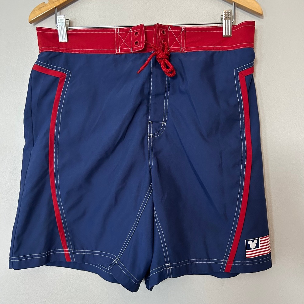 Disney Swim‎ Trunks Mens Medium Blue Red Mickey Mouse American Flag Board Shorts